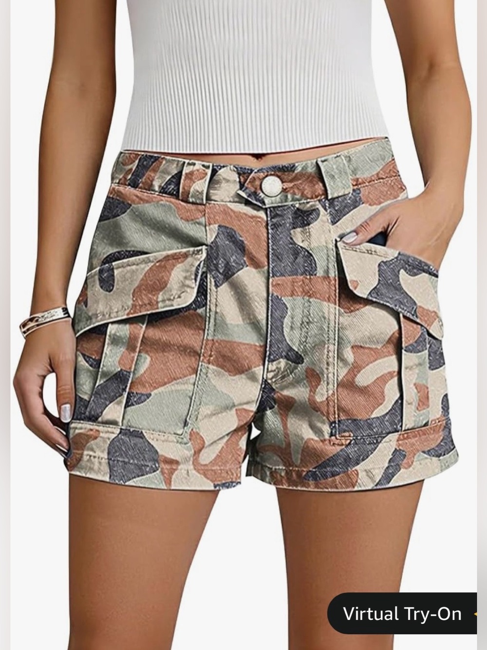 Flamingals Patch Pockets Mid Waist Camo Shorts